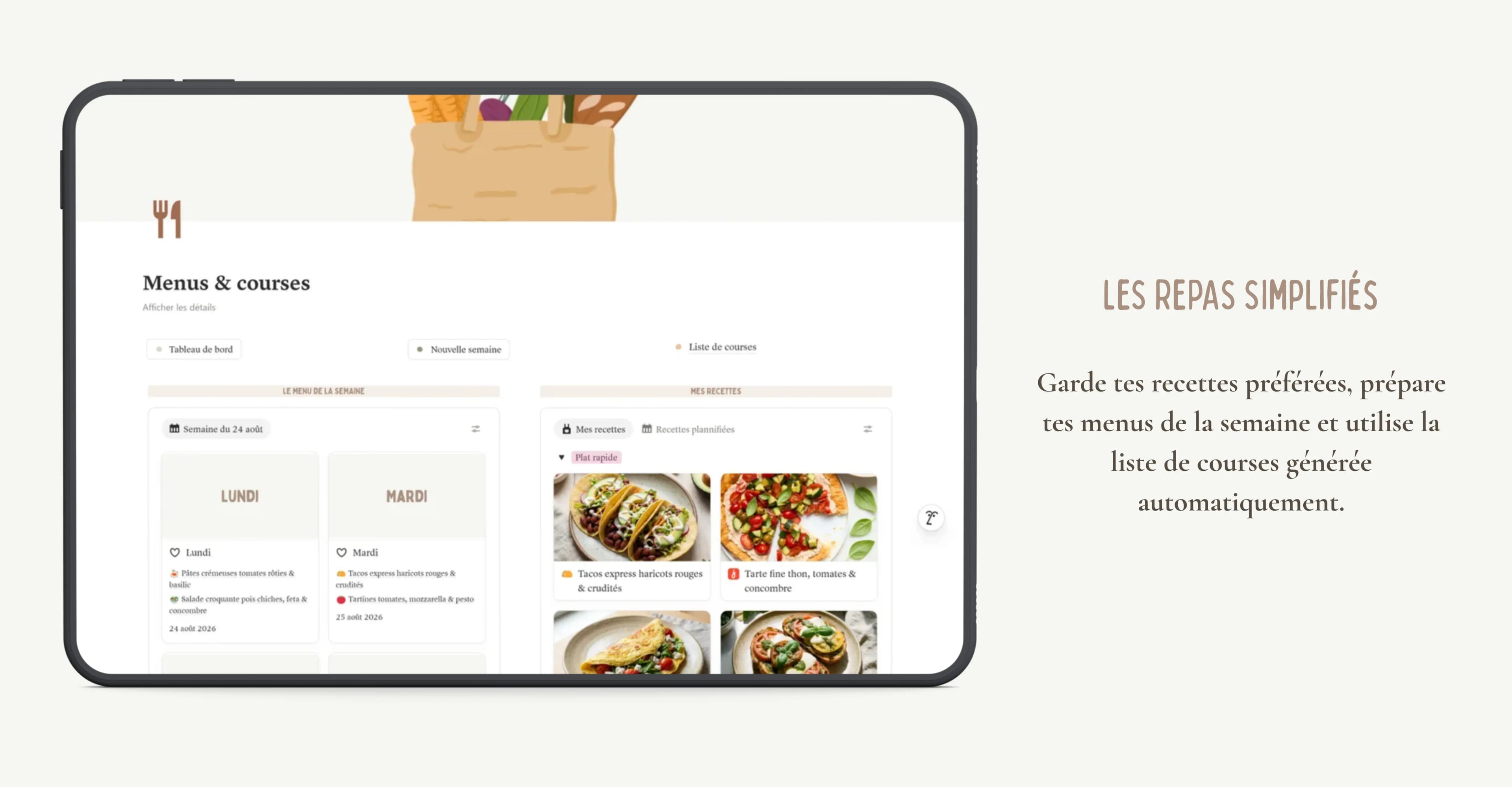 Aperçu de menus et courses