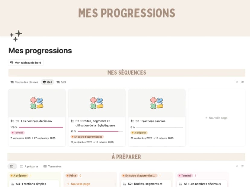 Interface du template Notion pour enseignants - Tableau de bord, cahier journal et suivi des élèves