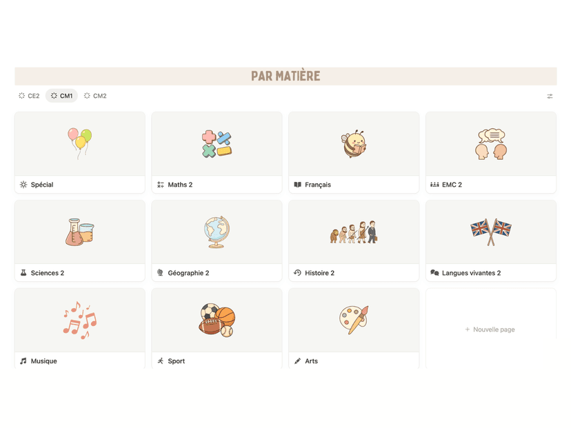 Interface du template Notion pour enseignants - Tableau de bord, cahier journal et suivi des élèves