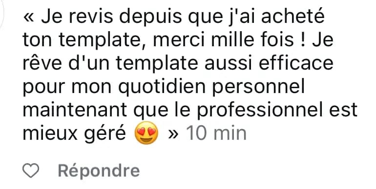 « Je revis depuis que j'ai acheté ton template, merci mille fois ! Je rêve d'un template aussi efficace pour mon quotidien personnel maintenant que le professionnel est mieux géré 😍 »
