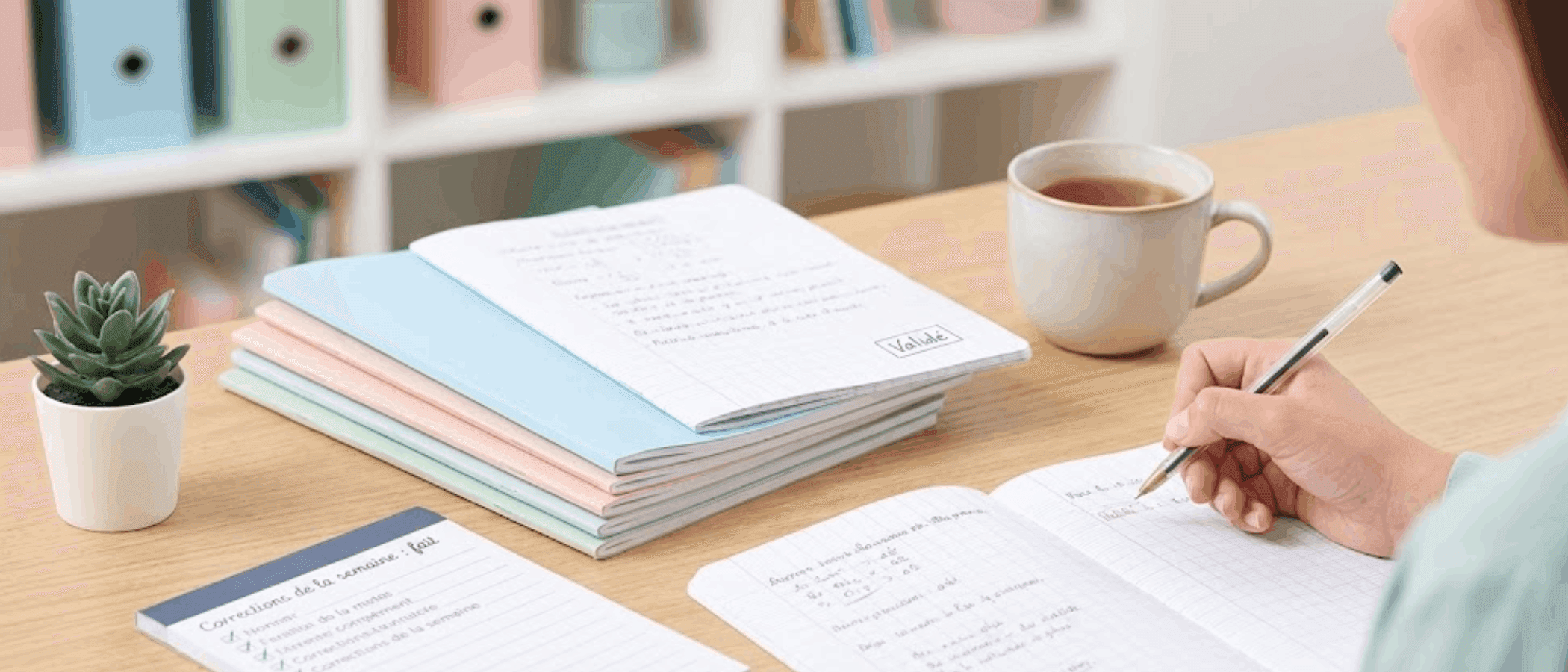 Un enseignant corrige sereinement ses cahiers, il a allégé ses corrections