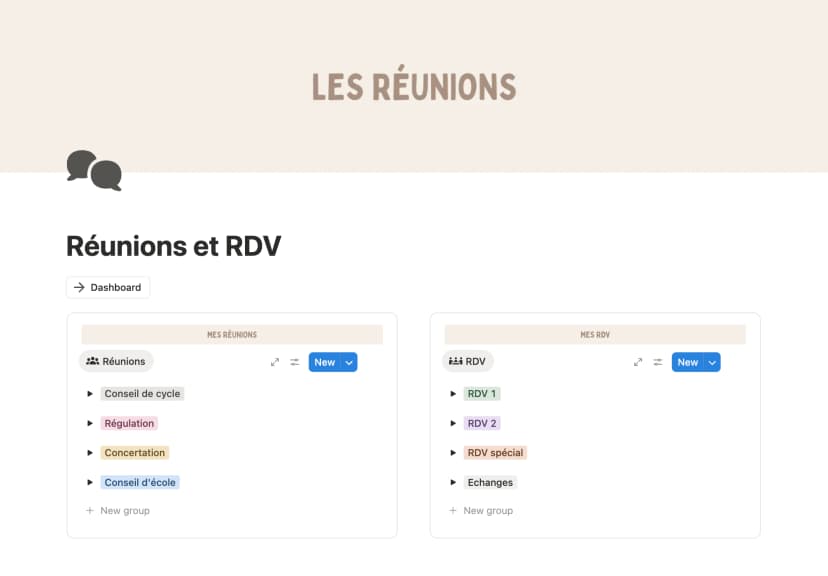 Interface du template Notion pour enseignants - Tableau de bord, cahier journal et suivi des élèves