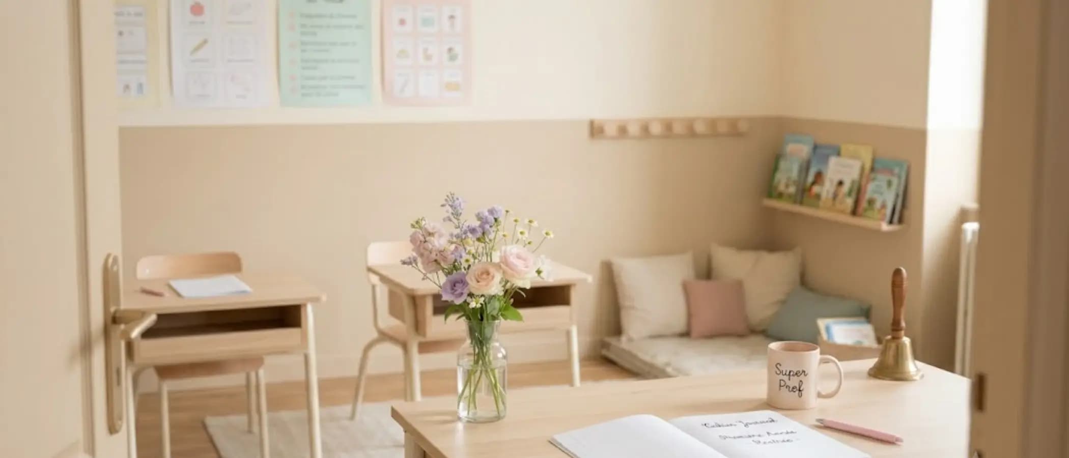 Intérieur d'une classe de première année en beige pastel