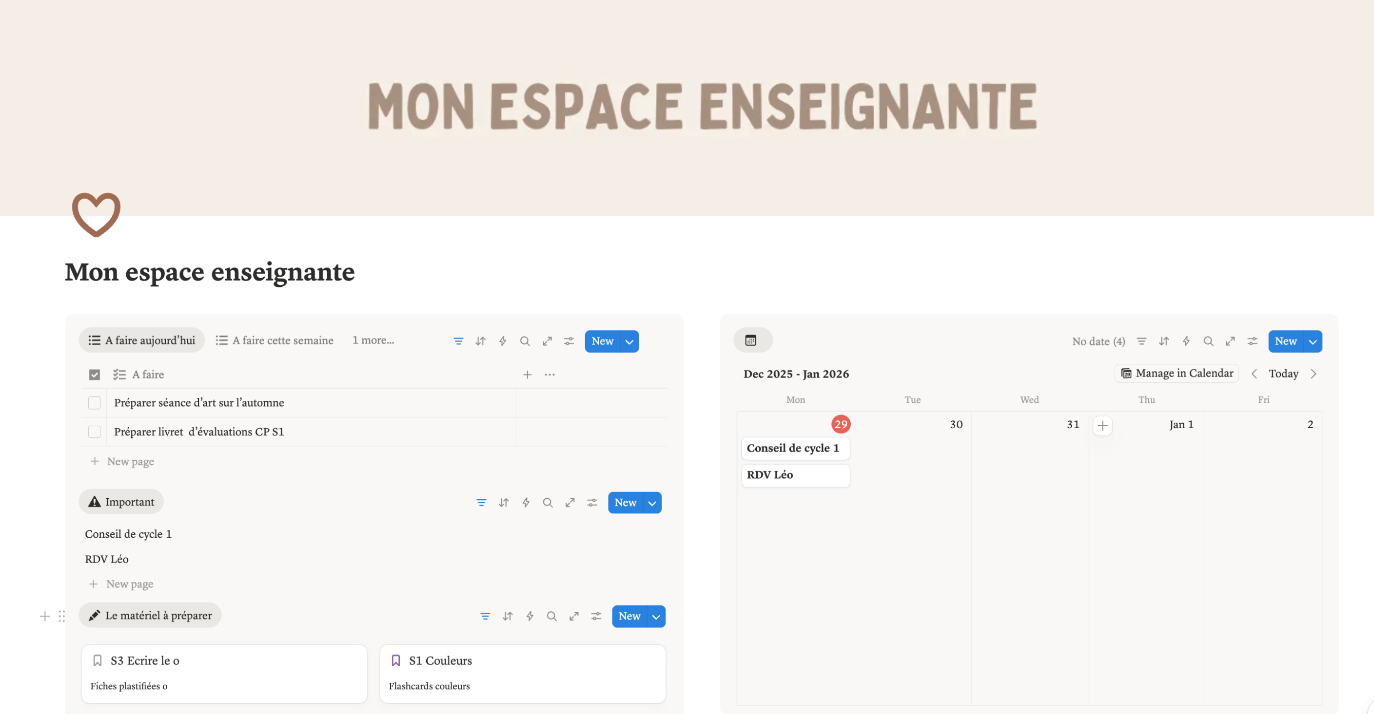 Le tableau de bord Notion enseignant pour ne rien oublier : todo, important, matériel à préparer, agenda
