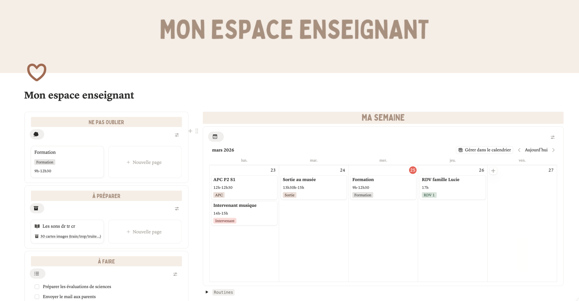 Tableau de bord Mon espace enseignant : ne pas oublier, à préparer, à faire, événements de la semaine de classe